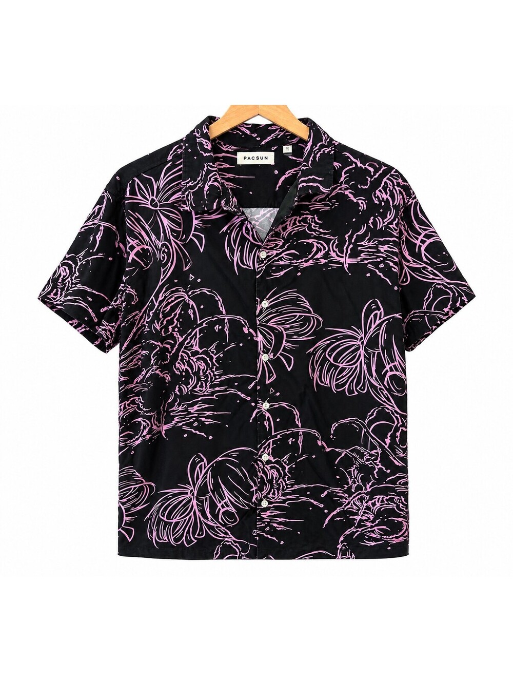 Pacsun Black and Pink Floral Short Sleeve Button-Up Shirt Size Large